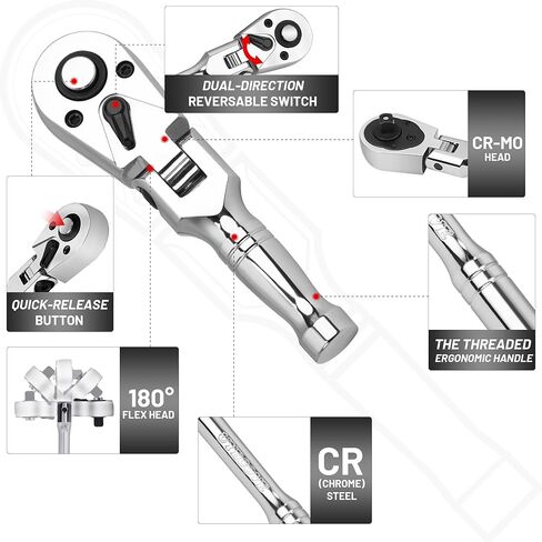UYECOVE 3/8 Inch Drive Stubby Ratchet, Flex Head Ratchet 3/8 Stubby Ratchet Mini Ratchet Wrench, Socket Wrench, 72 Tooth Quick Release Cr-Mo Head -4.9"/125mm in Kuwait