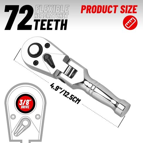 UYECOVE 3/8 Inch Drive Stubby Ratchet, Flex Head Ratchet 3/8 Stubby Ratchet Mini Ratchet Wrench, Socket Wrench, 72 Tooth Quick Release Cr-Mo Head -4.9"/125mm in Kuwait