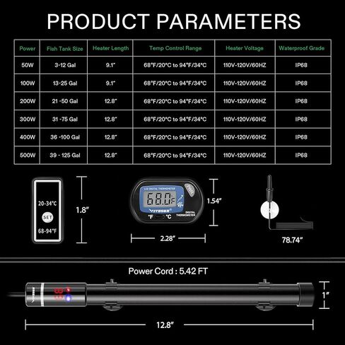 سخان حوض السمك الغاطس من VIVOSUN مع مجموعة ميزان الحرارة، وسخانات خزان الأسماك من التيتانيوم بقدرة 400 وات مع شاشة LED ذكية لدرجة الحرارة ووحدة تحكم خارجية في درجة الحرارة in Kuwait