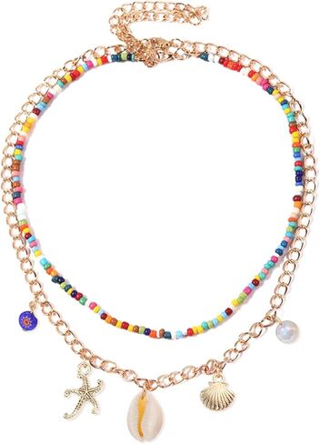 Charm Necklace for Women Colorful Bead Necklace Danity Summer Shell Charm Necklace Gold Layered Seashell Necklace Charm Necklace Jewelry Gift for Girls in Saudi Arabia