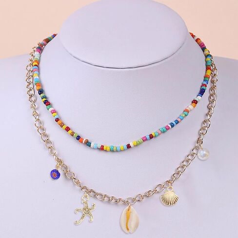 Charm Necklace for Women Colorful Bead Necklace Danity Summer Shell Charm Necklace Gold Layered Seashell Necklace Charm Necklace Jewelry Gift for Girls in Saudi Arabia