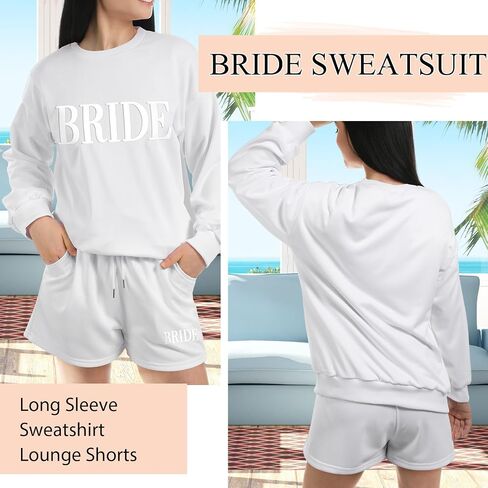 تشتمل بدلة Funnysoft Bride Sweatsuit على سويت شيرت العروس وسروال قصير للاسترخاء كهدية خطوبة لحفل زفاف العزوبية in Saudi Arabia