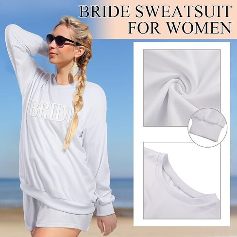 تشتمل بدلة Funnysoft Bride Sweatsuit على سويت شيرت العروس وسروال قصير للاسترخاء كهدية خطوبة لحفل زفاف العزوبية in Saudi Arabia