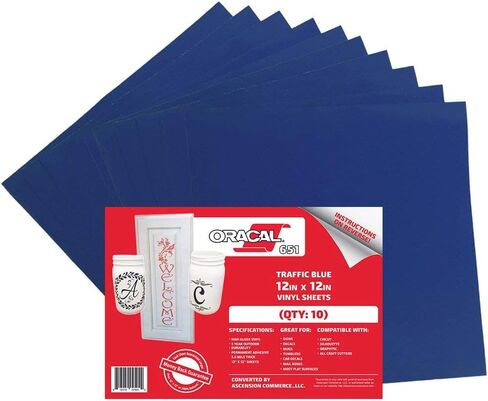 (10 Sheets) Oracal 651 Traffic Blue Adhesive Craft Vinyl for Cricut, Silhouette, Cameo, Craft Cutters, Printers, and Decals - 12" x 12" - Gloss Finish - Outdoor and Permanent in Saudi Arabia