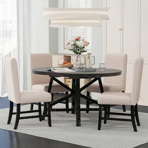 HAUSHECK Dining Set for 4 People, Extendable Round Table w/Adjustable Removable Leaf, Four Upholstered Chairs w/Padded Cushion Seat & Backrests, Solid Wood Frame & Legs, 5 Pieces Breakfast Nook, Black in Kuwait