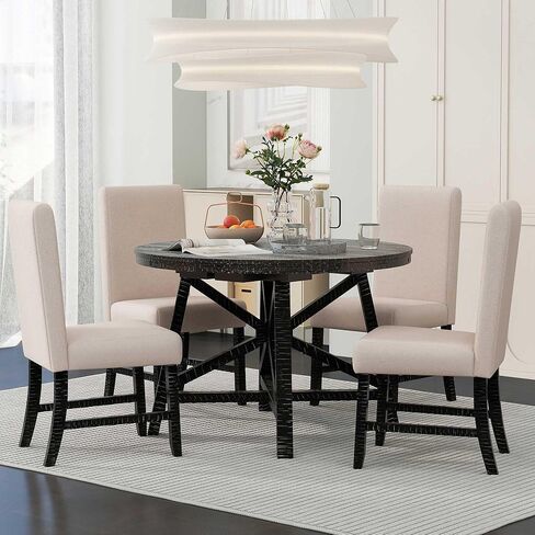 HAUSHECK Dining Set for 4 People, Extendable Round Table w/Adjustable Removable Leaf, Four Upholstered Chairs w/Padded Cushion Seat & Backrests, Solid Wood Frame & Legs, 5 Pieces Breakfast Nook, Black in Kuwait