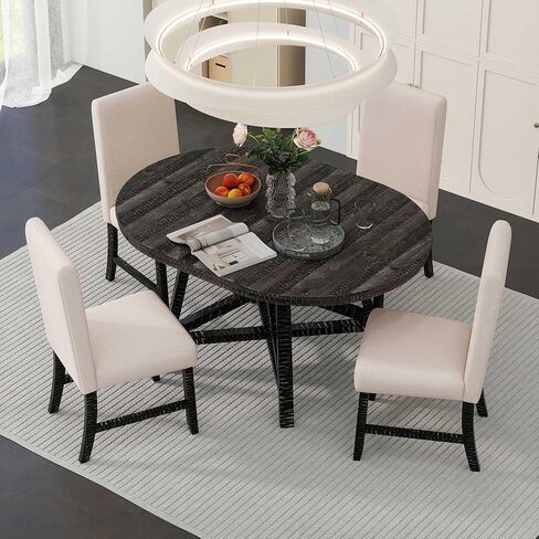 HAUSHECK Dining Set for 4 People, Extendable Round Table w/Adjustable Removable Leaf, Four Upholstered Chairs w/Padded Cushion Seat & Backrests, Solid Wood Frame & Legs, 5 Pieces Breakfast Nook, Black in Kuwait