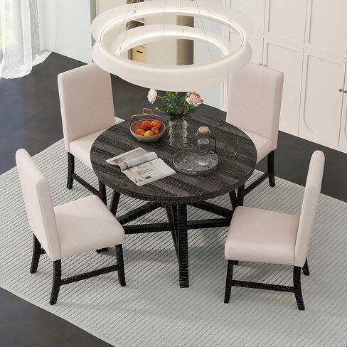 HAUSHECK Dining Set for 4 People, Extendable Round Table w/Adjustable Removable Leaf, Four Upholstered Chairs w/Padded Cushion Seat & Backrests, Solid Wood Frame & Legs, 5 Pieces Breakfast Nook, Black in Kuwait