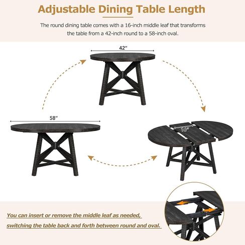HAUSHECK Dining Set for 4 People, Extendable Round Table w/Adjustable Removable Leaf, Four Upholstered Chairs w/Padded Cushion Seat & Backrests, Solid Wood Frame & Legs, 5 Pieces Breakfast Nook, Black in Kuwait