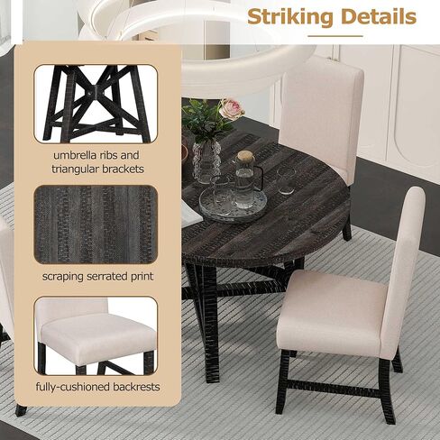 HAUSHECK Dining Set for 4 People, Extendable Round Table w/Adjustable Removable Leaf, Four Upholstered Chairs w/Padded Cushion Seat & Backrests, Solid Wood Frame & Legs, 5 Pieces Breakfast Nook, Black in Kuwait