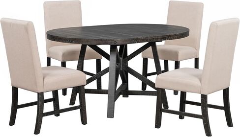 HAUSHECK Dining Set for 4 People, Extendable Round Table w/Adjustable Removable Leaf, Four Upholstered Chairs w/Padded Cushion Seat & Backrests, Solid Wood Frame & Legs, 5 Pieces Breakfast Nook, Black in Kuwait