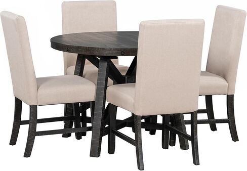 HAUSHECK Dining Set for 4 People, Extendable Round Table w/Adjustable Removable Leaf, Four Upholstered Chairs w/Padded Cushion Seat & Backrests, Solid Wood Frame & Legs, 5 Pieces Breakfast Nook, Black in Kuwait