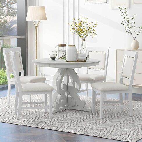 طقم طاولة طعام مستديرة بنمط عتيق من 5 قطع من HAUSHECK لـ 4 أشخاص، سطح طاولة قابل للتمديد قابل للتعديل مع 16 ورقة وأربعة كراسي منجدة لأثاث المطبخ، زاوية الإفطار، أبيض عتيق in Kuwait