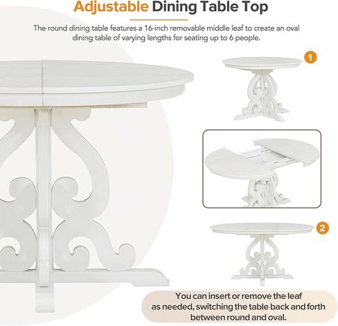 طقم طاولة طعام مستديرة بنمط عتيق من 5 قطع من HAUSHECK لـ 4 أشخاص، سطح طاولة قابل للتمديد قابل للتعديل مع 16 ورقة وأربعة كراسي منجدة لأثاث المطبخ، زاوية الإفطار، أبيض عتيق in Kuwait