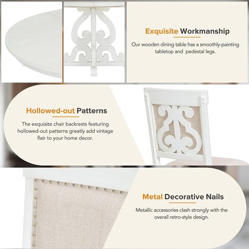 طقم طاولة طعام مستديرة بنمط عتيق من 5 قطع من HAUSHECK لـ 4 أشخاص، سطح طاولة قابل للتمديد قابل للتعديل مع 16 ورقة وأربعة كراسي منجدة لأثاث المطبخ، زاوية الإفطار، أبيض عتيق in Kuwait