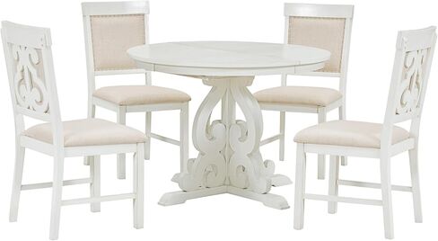 طقم طاولة طعام مستديرة بنمط عتيق من 5 قطع من HAUSHECK لـ 4 أشخاص، سطح طاولة قابل للتمديد قابل للتعديل مع 16 ورقة وأربعة كراسي منجدة لأثاث المطبخ، زاوية الإفطار، أبيض عتيق in Kuwait