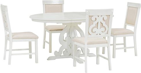 طقم طاولة طعام مستديرة بنمط عتيق من 5 قطع من HAUSHECK لـ 4 أشخاص، سطح طاولة قابل للتمديد قابل للتعديل مع 16 ورقة وأربعة كراسي منجدة لأثاث المطبخ، زاوية الإفطار، أبيض عتيق in Kuwait