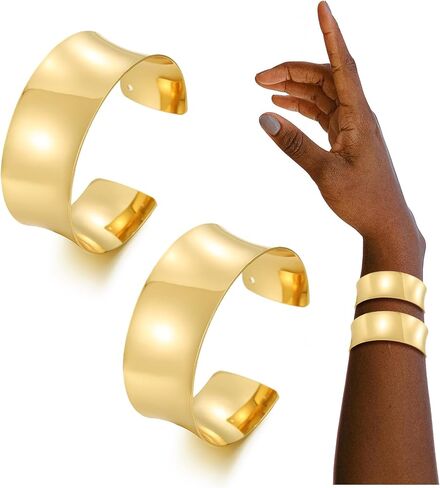 BOMAIL 2PCS الكفة الإسورة أساور للنساء - 14K مطلية بالذهب قابل للتعديل بيان مفتوح أساور واسعة الذهب الشظية المعصم الكفة التفاف أساور مجوهرات هدية in Kuwait