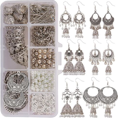 SUNNYCLUE 1 Box DIY 6 Pairs Vintage Ethnic Indian Dangle Earrings Making Kit Jhumka Jhumki Bollywood Gypsy Oxidized Chandelier Jewelry Craft Supplies for Beginners Instruction in Saudi Arabia