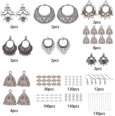 SUNNYCLUE 1 Box DIY 6 Pairs Vintage Ethnic Indian Dangle Earrings Making Kit Jhumka Jhumki Bollywood Gypsy Oxidized Chandelier Jewelry Craft Supplies for Beginners Instruction in Saudi Arabia