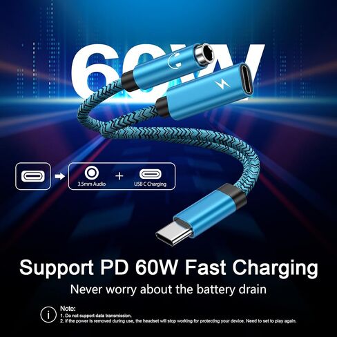 USB Type C 60W Fast Samsung Charger Power Cord & 3.5mm Headphone Adapter, 2 in 1 Aux Audio Earphone Jack Dongle Cable for Samsung Galaxy A15 A25 A54 S24 Ultra S23+ S22 S21FE S20 A14 A34 A13 A53 ZFold5 in Saudi Arabia