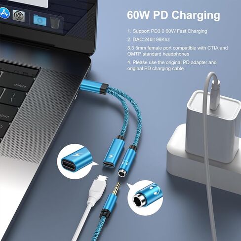USB Type C 60W Fast Samsung Charger Power Cord & 3.5mm Headphone Adapter, 2 in 1 Aux Audio Earphone Jack Dongle Cable for Samsung Galaxy A15 A25 A54 S24 Ultra S23+ S22 S21FE S20 A14 A34 A13 A53 ZFold5 in Saudi Arabia