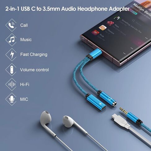 USB Type C 60W Fast Samsung Charger Power Cord & 3.5mm Headphone Adapter, 2 in 1 Aux Audio Earphone Jack Dongle Cable for Samsung Galaxy A15 A25 A54 S24 Ultra S23+ S22 S21FE S20 A14 A34 A13 A53 ZFold5 in Saudi Arabia
