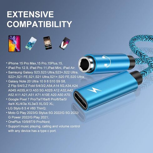 USB Type C 60W Fast Samsung Charger Power Cord & 3.5mm Headphone Adapter, 2 in 1 Aux Audio Earphone Jack Dongle Cable for Samsung Galaxy A15 A25 A54 S24 Ultra S23+ S22 S21FE S20 A14 A34 A13 A53 ZFold5 in Saudi Arabia