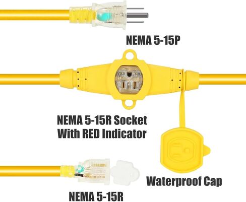 PLIS 50FT 14 سلك تمديد الطاقة 3 شقوق، 6 مقبس أنثى Nema 5-15R.، موصل Nema5-15P/Nema5-15R ذكر إلى أنثى مع مؤشر LED أحمر، لوحة طاقة للخطوط الخلفية للمرحلة in Kuwait