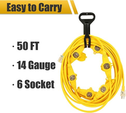 PLIS 50FT 14 Gauge Power Extension Cord 3 Prong, 6 Nema 5-15R Female Socket., Nema5-15P/Nema5-15R Male to Female Connector with Red LED Indicator, Stage Backlines Power Board in Saudi Arabia