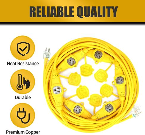 PLIS 50FT 14 Gauge Power Extension Cord 3 Prong, 6 Nema 5-15R Female Socket., Nema5-15P/Nema5-15R Male to Female Connector with Red LED Indicator, Stage Backlines Power Board in Saudi Arabia