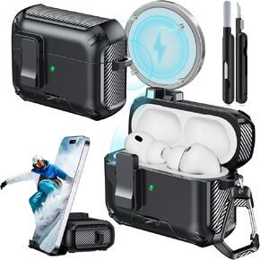 for AirPods Pro 2 Case (2023/2022/2019) with Phone Stand,（with Automatic Snap Switch） Carbon Fiber Design Protection Cover for Airpods Pro 2nd/1st Gen with Cleaning Pen - Balck in Kuwait