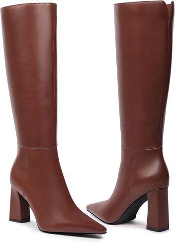 Meolee Knee High Boots for Women Chunky High Heel Long Boots Pointed Toe Leather Boots with Side Zipper in Saudi Arabia