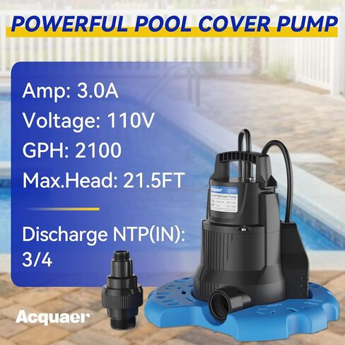 Acquaer 1/4 HP Automatic Swimming Pool Cover Pump, 115 V Submersible Pump with 3/4" Check Valve Adapter & 25ft Power Cord, 2250 GPH Water Removal for Pool, Hot Tubs, Rooftops, Water Beds and more in Kuwait
