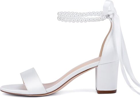 Isobud Women's Open Toe Pearl Wedding Shoes for Bride White Heels with Bow Bridal Shoes Chunky Block Satin Heels Sandals in Saudi Arabia
