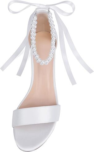 Isobud Women's Open Toe Pearl Wedding Shoes for Bride White Heels with Bow Bridal Shoes Chunky Block Satin Heels Sandals in Saudi Arabia