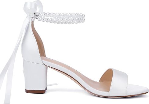 Isobud Women's Open Toe Pearl Wedding Shoes for Bride White Heels with Bow Bridal Shoes Chunky Block Satin Heels Sandals in Saudi Arabia