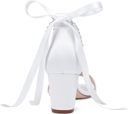 Isobud Women's Open Toe Pearl Wedding Shoes for Bride White Heels with Bow Bridal Shoes Chunky Block Satin Heels Sandals in Saudi Arabia