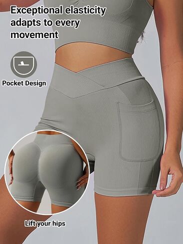 Women High-Waisted Workout Elastic Stretchy Sports Shorts with Pockets for Gym Running Yoga Fitness in Saudi Arabia