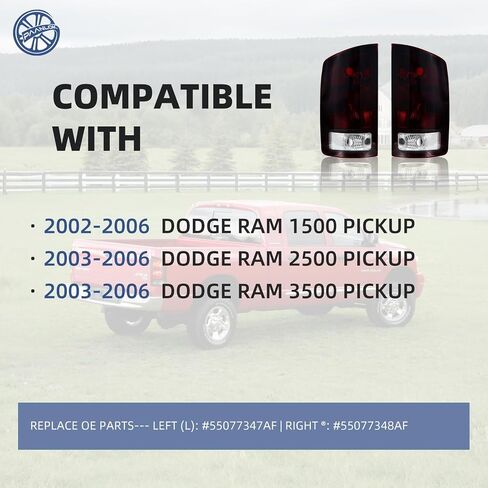 مصابيح ذيل روبي العميقة للفترة 2002-2006 دودج رام 1500 و 2003-2006 RAM 2500/3500 ، مجموعة كاملة مع لوحات ومصابيح الدائرة ، زوج استبدال OE المباشر (L#55077347AF/R#55077348AF) in Kuwait