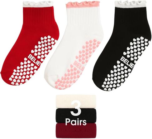 3 Pairs Cute Women’s Pilates Socks with Non-Slip Heart Grips – Ruffle Top, Ribbon Bow & Stretch Cotton Soft Breathable – Anti-Skid Yoga, Barre, Ballet, Dance, and Home Workout Socks in Saudi Arabia