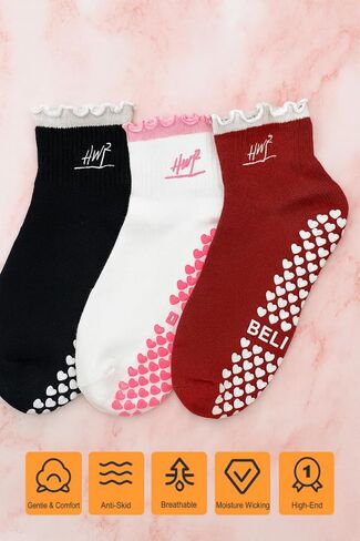 3 Pairs Cute Women’s Pilates Socks with Non-Slip Heart Grips – Ruffle Top, Ribbon Bow & Stretch Cotton Soft Breathable – Anti-Skid Yoga, Barre, Ballet, Dance, and Home Workout Socks in Saudi Arabia
