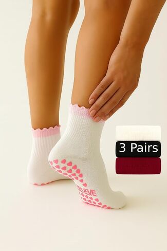 3 Pairs Cute Women’s Pilates Socks with Non-Slip Heart Grips – Ruffle Top, Ribbon Bow & Stretch Cotton Soft Breathable – Anti-Skid Yoga, Barre, Ballet, Dance, and Home Workout Socks in Saudi Arabia