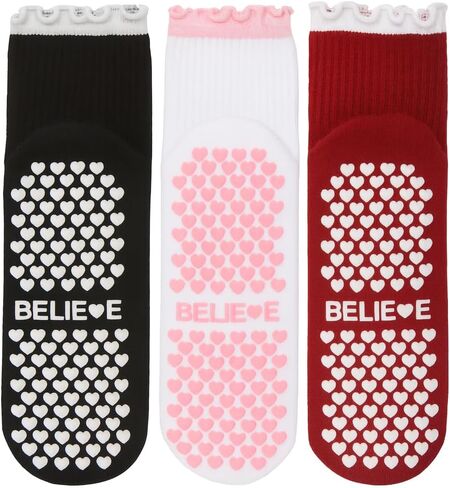 3 Pairs Cute Women’s Pilates Socks with Non-Slip Heart Grips – Ruffle Top, Ribbon Bow & Stretch Cotton Soft Breathable – Anti-Skid Yoga, Barre, Ballet, Dance, and Home Workout Socks in Saudi Arabia