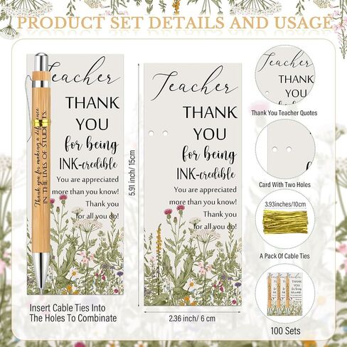 Spakon 20 Set Teacher Appreciation Gifts Include 20 Bamboo Pens and 20 Cards with Gold Cable Tie for Teachers' Day Teacher Appreciation Week Gift Staff Team Office School Supplies in Saudi Arabia
