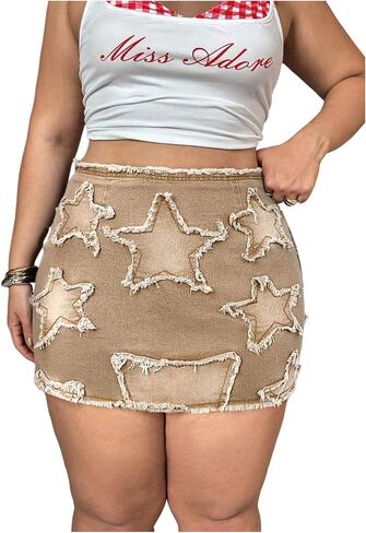 WDIRARA Women's Plus Size Y2k Star Patch High Waist Denim Skirt Distressed Bodycon Mini Skirts in Kuwait