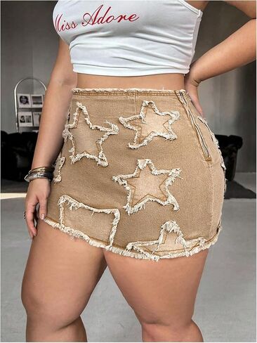 WDIRARA Women's Plus Size Y2k Star Patch High Waist Denim Skirt Distressed Bodycon Mini Skirts in Kuwait