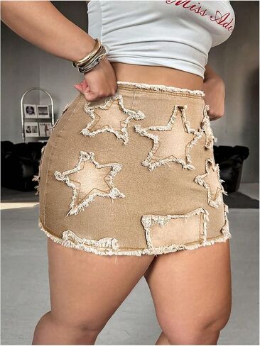 WDIRARA Women's Plus Size Y2k Star Patch High Waist Denim Skirt Distressed Bodycon Mini Skirts in Kuwait