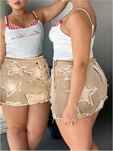 WDIRARA Women's Plus Size Y2k Star Patch High Waist Denim Skirt Distressed Bodycon Mini Skirts in Kuwait