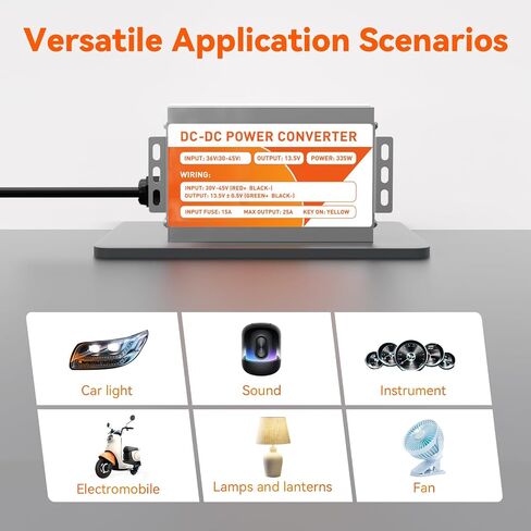 36V to 12V Golf Cart Voltage Converter, 25A 335W DC to DC Buck Power Supply, High Efficiency ≥90%, IP55 Waterproof Reducer with Overcurrent & Short-Circuit Protection, 13.5V Output for Cart/Solar in Saudi Arabia
